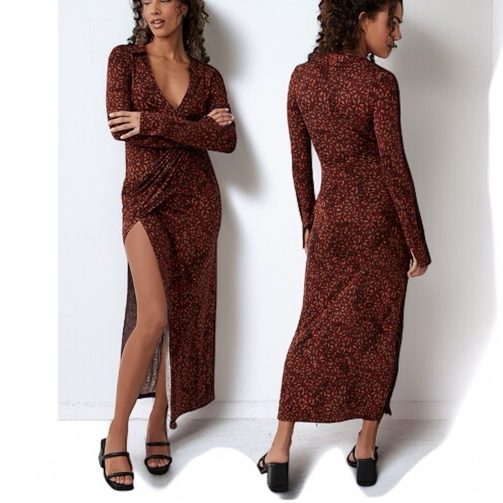 🌻NEW w/tags! Free People Shayla Wrap Midi Dress {Chocolate Combo} Size S $128R